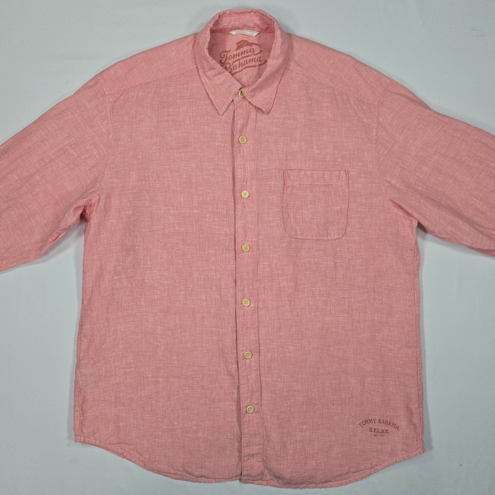 Tommy Bahama Men XL 100% Linen Button Front Shirt Pink Relax Fit Island Casual - Picture 2 of 13